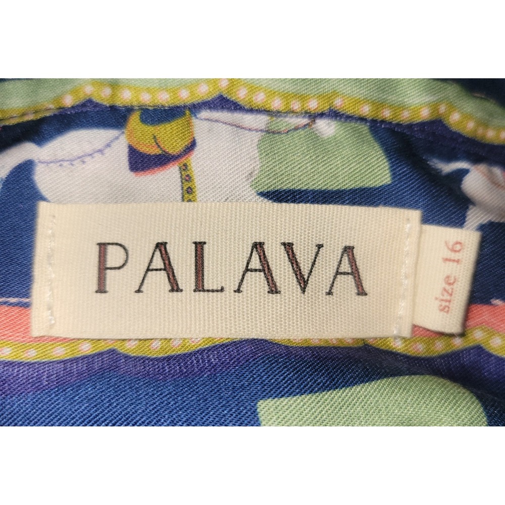 Palava Carousel Horse Print Tencel Midi Dress Blue Orange Button Front Sz 16 - Picture 7 of 9
